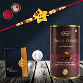 (K1_274_CD) Multicolor Rakhi Combo with Chocolate Delight , Silver Color Pooja Coin, Roli Chawal & Greeting Card, Occasion, Rakhi & Chocolate for brother, Rakhi with chocolate, rakhi with gift, Rakhi Combo, Set of 1 Rakhi, Rakhi Chocolate Gi