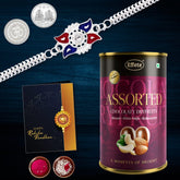 (K1_A30_AS) Multicolor Free Hand Drawing Silver Color Rakhi Combo with Assorted Chocolate Dry fruits 96gm, Silver Color Pooja Coin, Roli Chawal & Greeting Card | Occasion | Rakhi for brother with gift | bracelets for men stylish |rakhi combo