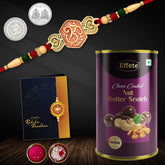 (K1_528_BS) Multicolor Simple heart rakhi Combo with Chocolate Butter Scotch 96gm, Silver Color Pooja Coin, Roli Chawal & Greeting Card, Occasion, Rakhi for brother with gift, chocolate gift pack, rakhi with Chocolate Gift Hemper, Bracelets