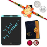 (K1_255_1360) Multicolor orange Rakhi & LCD Writing Pad/Tablet for Kids with Silver Color Pooja Coin & Greeting Card, Occasion, kids silver Rakhi, Rakhi for brother with gift kids, gifts for Little brother, fancy Rakhi for brother , Set of 1 Rakhi