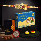 (K1_282_BS32) Multicolor Red OM Rakhi Combo & Chocolate Butter Scotch 32gm with Silver Color Pooja Coin, Roli Chawal & Greeting Card | Occasion | Rakhi & Chocolate for brother | bracelets for men stylish | rakhi with gift | Rakhi Combo | Set