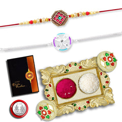 (K2_C7+420_Aa1) Rakhi With Pooja Coin, Gold Color Pooja Thali / Tilak Set & Greeting Card Rakhi Thali, Rakhi For Brother Kids, Bhaiya Bhabhi Rakhi, Rakhi Set Of 2