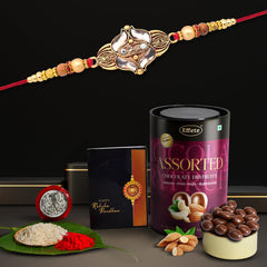 (K1_428_AS) Rakhi Combo with Assorted Chocolate Dryfruits 96gm, Rakhi for brother with gift, chocolate gift pack, rakhi with Chocolate Gift Hemper, Fancy Rakhis for men, Set of 1 Rakhi