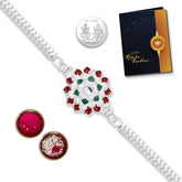 (K1_A1) Multicolor Crystal Flower Silver Color Rakhi Combo with Silver Color Pooja Coin, Tilak Set & Greeting Card, Fancy Rakhi for brother, new Rakhi collection, Men bracelet, rakhi combo for brother, rakhi bracelet for brother, silver rakhi, hand