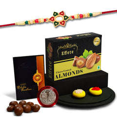 (K1_271_CA32) Rakhi Combo with Chocolate Almonds 32gm, Rakhi for brother with gift, chocolate gift pack, rakhi with Chocolate Gift Hemper, Fancy Rakhis for men, Set of 1 Rakhi