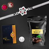 (K1_A31_SP) Multicolor Rangoli Floral Silver Color Rakhi Combo with Chocolate Magic 32gm, Silver Color Pooja Coin, Roli Chawal & Greeting Card, Occasion, stylish rakhi for brother, Rakhi & Chocolate for brother, rakhi brother, rakhi with gif