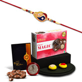 (K1_263_CM32+DS) Multicolor Rakhi Combo & Chocolate Almonds with Silver Color Pooja Coin, Roli Chawal & Greeting Card | Occasion | Rakhi & Chocolate for brother | bracelets for men stylish | rakhi with gift | Rakhi Combo | Set of 1 Rakhi | R