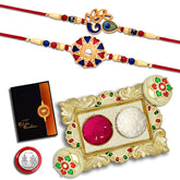 (K2_511+513_AA1) Rakhi Combo with Pooja Coin, Gold Color Pooja Thali / Tilak Set & Greeting Card, rakhi thali, rakhi for brother and bhabhi, Men fancy rakhi, rakhi for brother kids, Rakhi with plate, rakhi for brother kids, rakhi Set of 2
