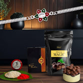 (K1_A36_SP) Multicolor Rakhi Combo with Chocolate Magic 32gm, Silver Color Pooja Coin, Roli Chawal & Greeting Card, Occasion, stylish rakhi for brother, Rakhi & Chocolate for brother, rakhi brother, rakhi with gift, handmade rakhi, Set of 1
