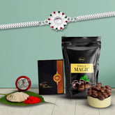 (K1_A4_SP) Multicolor Beauty of Sunflower Silver Color Rakhi Combo with Chocolate Magic 32gm, Silver Color Pooja Coin, Roli Chawal & Greeting Card, Occasion, Rakhi for brother with gift, chocolate gift pack, rakhi with Chocolate Gift Hemper,