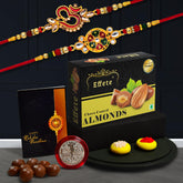 (K2_551+552_CA32) Rakhi Combo with Chocolate Almonds 32gm| Rakhi for brother with gift | chocolate gift pack |rakhi with Chocolate Gift Hemper | Fancy Rakhi for men | Set of 2 |
