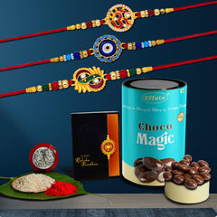 (K3_272+273+275_CM) Rakhi Combo with Chocolate Magic, Rakhi & Chocolate for brother, Rakhi with chocolate, rakhi with gift, Rakhi Combo, Set of 3 Rakhi, Chocolate