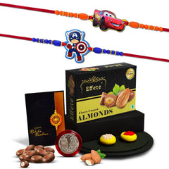(K2_870+871_CA32) Rakhi Combo with Chocolate Almonds 32gm, Pooja Coin & Greeting Card, rakhi for kids, rakhi for kids with gift, rakhi gift for brother kids, rakhi with gift for kids, rakhi for brother kids, rakhi with Chocolate Gift Hemper,