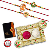 (K3_251+258+263_AA1) Rakhi Combo with Pooja Coin, Gold Color Pooja Thali / Tilak Set & Greeting Card, rakhi thali set | Rakhi with plate | rakhi hamper | handmade rakhi | rakhi for brother kids | rakhi for brother and bhabhi | men fancy rakhi | rak