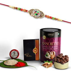 (K1_411_AS) Rakhi Combo with Assorted Chocolate Dryfruits 96gm, Rakhi for brother with gift, chocolate gift pack, rakhi with Chocolate Gift Hemper, Fancy Rakhis for men, Set of 1 Rakhi