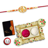 (K1_909_AA1) Rakhi Combo with Pooja Coin, Gold Color Pooja Thali / Tilak Set & Greeting Card Rakhi with plate | rakhi thali set | rakhi for brother kids | rakhi in silver | rakhi hamper | handmade rakhi | rakhi for brother & bhabhi | rakhi set of 1