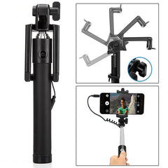 Adjustable selfie stick with aux cable for smartphones