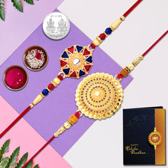 (K2_501+507) Rakhi With Pooja Coin & Rakhi Card, Silver Rakhi For Brother | Rakhi For Brother And Bhabhi | Lumba Rakhi Set | Bhai Bhabhi Rakhi Set | Kundan Rakhi|Chandi Ki Rakhi|Rakhi Set Of 1