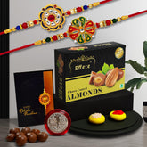(K2_299+304_CA32) Rakhi Combo with Chocolate Almonds 32gm| Rakhi for brother with gift | chocolate gift pack |rakhi with Chocolate Gift Hemper | Fancy Rakhi for men | Set of 2 |