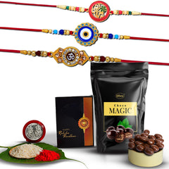 (K3_516+517+518_SM) Rakhi Combo with Choco Magic (Pouch), Rakhi for brother with gift, chocolate gift pack, rakhi with Chocolate Gift Hemper, Fancy Rakhis for men, Set of 3 Rakhi