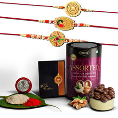 (K3_362+401+402_AS) Rakhi Combo with Assorted Chocolate Dryfruits 96gm| Rakhi for brother with gift | Fancy Rakhis for men stylish |rakhi combo for brother | Set of 3 Rakhi | Chocolate |