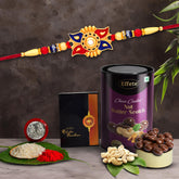 (K1_312_BS) Multicolor Rakhi Combo with Chocolate Butter Scotch , Silver Color Pooja Coin, Roli Chawal & Greeting Card | Occasion | Rakhi for brother with gift | chocolate gift pack |rakhi with Chocolate Gift Hemper | Bracelets for men | Set