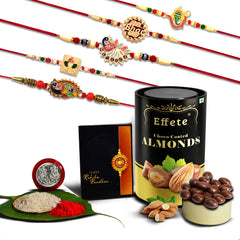(K5_Nc4_Bs32) Multicolor Bracelet/ Rakhi With Chocolate Butter Scotch, Silver Color Pooja Coin, Roli Chawal & Greeting Card| Handmade Rakhi |Stylish Set Of 5 Rakhi |