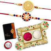 (K2_282+293_AA1) Rakhi Combo with Pooja Coin, Gold Color Pooja Thali / Tilak Set & Greeting Card rakhi thali, rakhi for brother and bhabhi, Rakhi with plate, rakhi for brother and bhabhi, rakhi for baby brother, rakhi for brother kids, bhaiya bhabh