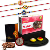 (K3_427+428+429_CM32) Multicolor Rakhi Combo with Chocolate Magic 32gm, stylish rakhi for brother, Rakhi & Chocolate for brother, rakhi brother, rakhi with gift, handmade rakhi, Set of 3 Rakhi