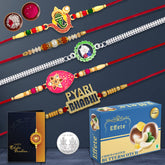 (K5_NC50_BS32) Multicolor Bracelet/ Rakhi with Chocolate Butter Scotch , Silver Color Pooja Coin, Roli Chawal & Greeting Card| Rakhi for brother with gift | handmade rakhi |rakhi combo for brother | stylish rakhi for brother | Set of 5 Rakhi