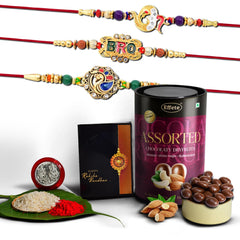 (K3_407+408+411_AS) Rakhi Combo with Assorted Chocolate Dryfruits 96gm, Rakhi & Chocolate for brother, Rakhi with chocolate, rakhi with gift, Rakhi Combo, Set of 3 Rakhi, Chocolate
