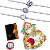 (K3_C14+C15+C16_AA3) Rakhi Combo with Pooja Coin, Shri Ganesh Pooja Thali / Tilak Set & Greeting Card Rakhi with plate | rakhi thali set | rakhi for brother kids | rakhi in silver | rakhi hamper | handmade rakhi | rakhi for brother & bhabhi | rakhi