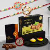 (K2_559+560_CA32) Rakhi Combo with Chocolate Almonds 32gm, Rakhi for brother with gift, chocolate gift pack, rakhi with Chocolate Gift Hemper, Fancy Rakhis for men, Set of 2 Rakhi