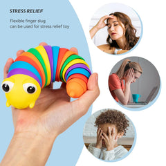 Flexible rainbow plastic slug fidget toy on a flat surface