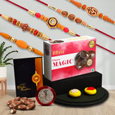 (K5_NC108_CM32) Rakhi Combo with Chocolate Magic 32gm, Pooja Coin & Greeting Card| Rakhi for brother with gift | handmade rakhi |rakhi combo for brother | stylish rakhi for brother | rakhi set of 5 |