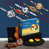 (K5_NC5_BS32) Multicolor Rakhi Combo with Chocolate Butter Scotch , Silver Color Pooja Coin, Roli Chawal & Greeting Card, Occasion, Rakhi for brother with gift, chocolate gift pack, rakhi with Chocolate Gift Hemper, Bracelets for men, Set of