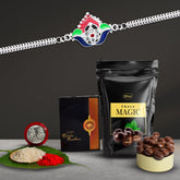 (K1_C9_SP) Multicolor Bracelet/ Rakhi with Chocolate Magic 32gm, Silver Color Pooja Coin, Roli Chawal & Greeting Card| Rakhi for brother with gift | handmade rakhi |rakhi combo for brother | stylish rakhi for brother | Set of 1 Rakhi |
