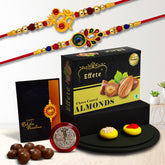 (K2_317+319_CA32) Rakhi Combo with Chocolate Almonds 32gm, Rakhi for brother with gift, chocolate gift pack, rakhi with Chocolate Gift Hemper, Fancy Rakhis for men, Set of 2 Rakhi