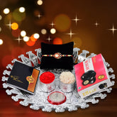 (K1_303_CM32+DS) Multicolor Diamond shaped Rakhi Combo & Chocolate Magic 32gm & Pooja Thali with Silver Color Pooja Coin, Roli Chawal & Greeting Card | Occasion | Rakhi & Chocolate for brother | bracelets for men stylish | rakhi with gift |