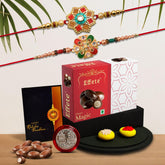 (K2_501+543_CP32) Multicolor Rakhi Combo with Choco Peanuts, Silver Color Pooja Coin, Roli Chawal & Greeting Card, Occasion, Rakhi for brother with gift, chocolate gift pack, rakhi with Chocolate Gift Hemper, Bracelets for men
