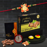 Bal Ganesh Cartoon Rakhi Combo / Bracelet (K1_255_CA32) & Chocolate Almonds 32gm with Silver Color Pooja Coin, Roli Chawal & Greeting Card | Occasion | Rakhi for brother with gift | handmade rakhi |rakhi combo for brother | stylish rakhi for brothe