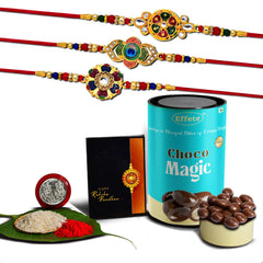 (K3_549+550+551_CM) Rakhi Combo with Chocolate Magic, Rakhi for brother with gift, chocolate gift pack, rakhi with Chocolate Gift Hemper, Fancy Rakhis for men, Set of 3 Rakhi