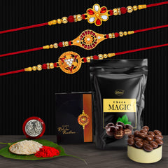 (K3_323+324+325_SM) Rakhi Combo with Choco Magic (Pouch), Rakhi for brother with gift, chocolate gift pack, rakhi with Chocolate Gift Hemper, Fancy Rakhis for men, Set of 3 Rakhi