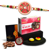 (K1_307_CM32) Multicolor Leaf shped Rakhi Combo with Chocolate Magic 32gm, Silver Color Pooja Coin, Roli Chawal & Greeting Card, Occasion, Rakhi & Chocolate for brother, bracelets for men stylish, rakhi with gift, Rakhi Combo, Set of 1 Rakhi