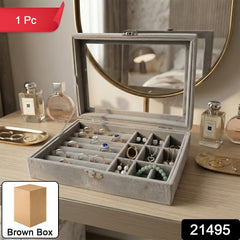 Velvet jewellery organizer box open showing ring and earring storage compartments