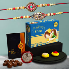 (K2_420+421_BS32) Rakhi Combo with Chocolate Butter Scotch 32gm, Rakhi for brother with gift, chocolate gift pack, rakhi with Chocolate Gift Hemper, Fancy Rakhis for men, Set of 2 Rakhi