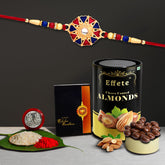 (K1_536_CA) Multicolor Hearts Diamond Colorful Beads Rakhi Combo with Chocolate Almonds 96gm, Silver Color Pooja Coin, Roli Chawal & Greeting Card| stylish rakhi for brother | Rakhi & Chocolate for brother | rakhi brother | rakhi with gift |