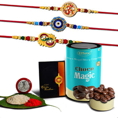 (K3_272+273+275_CM) Rakhi Combo with Chocolate Magic, Rakhi & Chocolate for brother, Rakhi with chocolate, rakhi with gift, Rakhi Combo, Set of 3 Rakhi, Chocolate