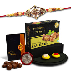 (K1_428_CA32) Rakhi Combo with Chocolate Almonds 32gm, Rakhi for brother with gift, chocolate gift pack, rakhi with Chocolate Gift Hemper, Fancy Rakhis for men, Set of 1 Rakhi