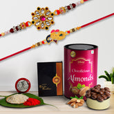 (K2_357+353_CA) Multicolor Rakhi Combo & Chocolate Almonds 96gm with Silver Color Pooja Coin, Roli Chawal & Greeting Card | Occasion | Rakhi & Chocolate for brother | bracelets for men stylish | rakhi with gift | Rakhi Combo | Set of 2 Rakhi